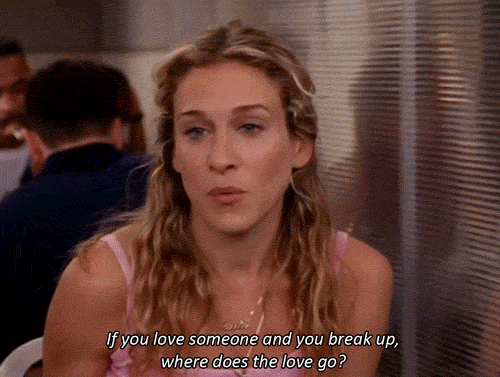 Sarah Jessica Parker speaking. (Text) If you love someone and you break up, where does the love go?