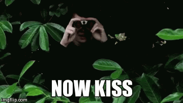 Person in bush, holding binoculars. (Text) Now kiss.
