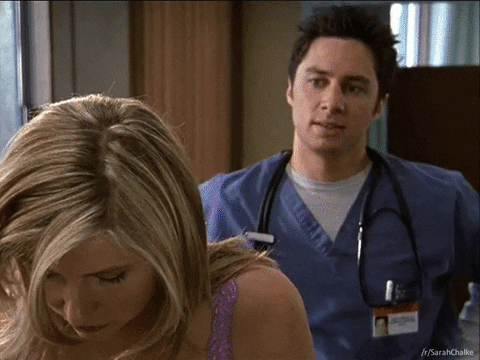 Man in scrubs and woman in bra talking. 
Man: Hey
Woman: Hey
Man: You what, Elliott, I think we should talk about the sexual tension.
Woman: (Turns) There is no sexual tension, ok?
Man: (doesn't stare at her breasts)
Women: Just go ahead and look before your neck snaps.